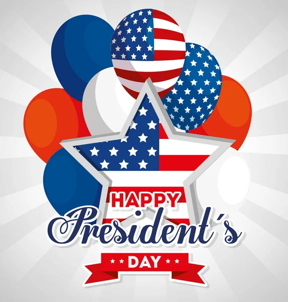 Dia de presidentes felizes com estrelas e balões hélio de bandeira EUA — Vetor de Stock