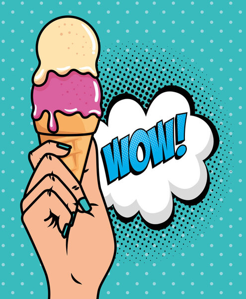 hand with ice cream and wow expression pop art style