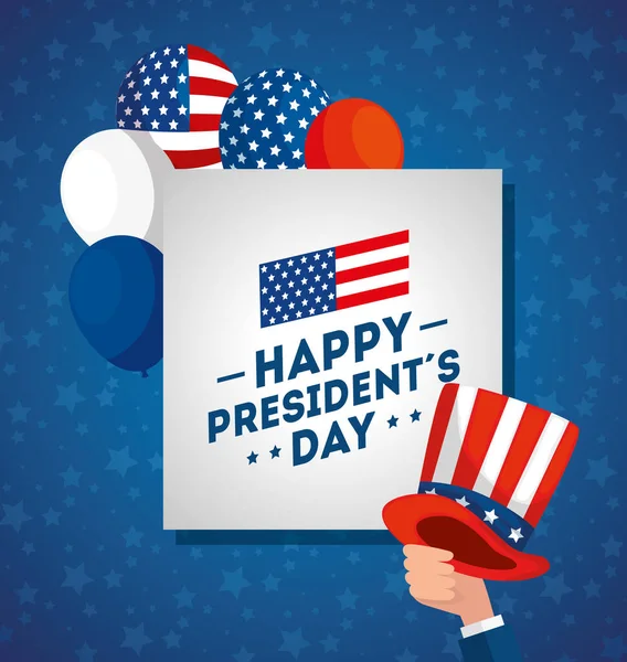 Happy presidents day with with hat and balloons helium — Stock Vector