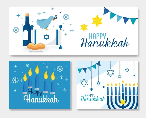 Ensemble affiche de hanukkah heureux avec décoration — Image vectorielle