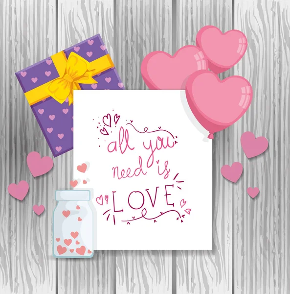 Kártya üzenettel minden amire szükséged van a szeretet és a dekoráció — Stock Vector