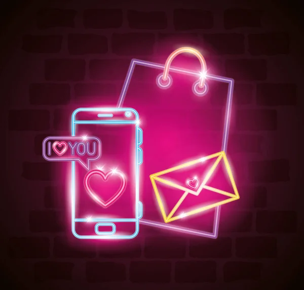 Día de San Valentín con smartphone e iconos de luces de neón — Vector de stock