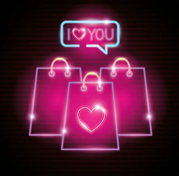Alla hjärtans dag väska shopping av neonljus — Stock vektor