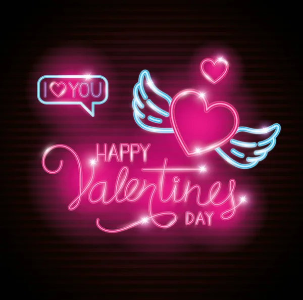 Feliz día de San Valentín con corazón y alas de luces de neón — Vector de stock