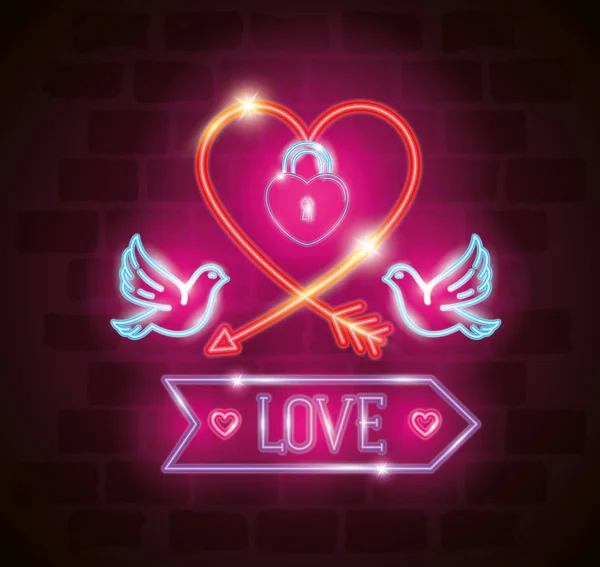 Giorno di San Valentino con colombe e cuore di luci al neon — Vettoriale Stock