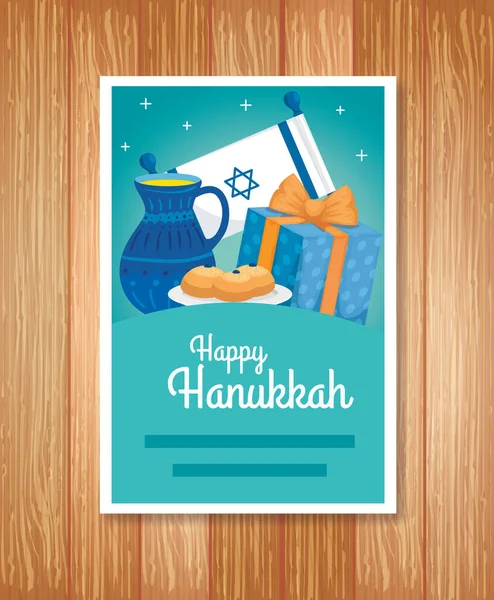 Poster of happy hanukkah with decoration in wooden background — Stock Vector