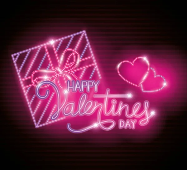 Šťastný Valentýn s dárkovou krabicí a srdcem z neonových světel — Stockový vektor