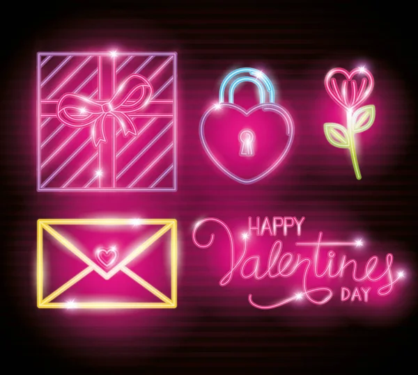 Set icons of valentine day of neon light — Stock Vector