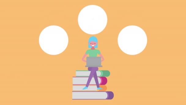 Young woman with laptop and ebooks character — Stock Video
