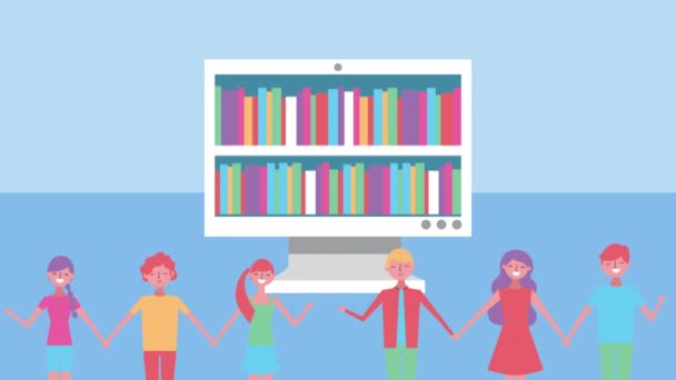 Jonge vrienden groep met desktop en ebooks — Stockvideo