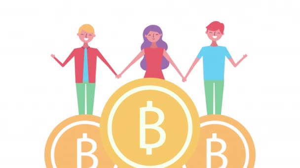 Unga vänner grupp med bitcoins — Stockvideo