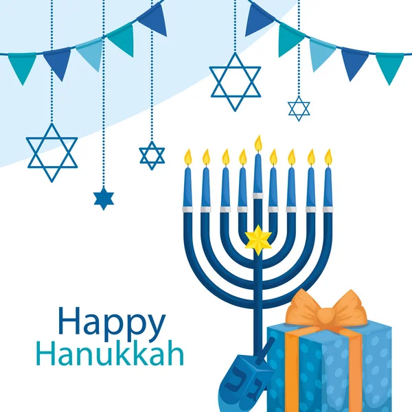 Happy hanukkah with chandelier and icons — Stock Vector