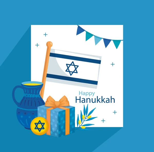 Heureux hanukkah avec théière et icônes — Image vectorielle