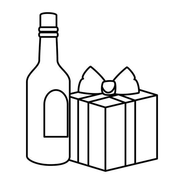 Garrafa de vinho com caixa de presente ícone de estilo de linha presente — Vetor de Stock