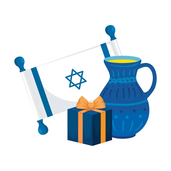 Flagge israel mit Geschenkbox und Teekanne isoliert Symbol — Stockvektor