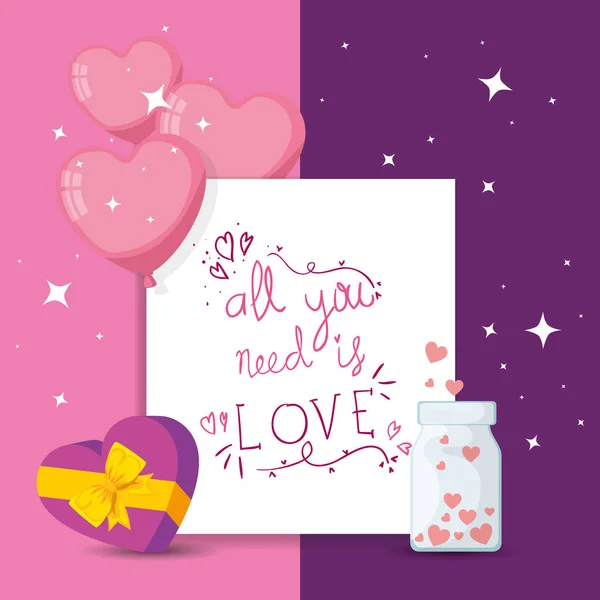 Şişe ve balonlarla Sevgililer Günü 'nüz kutlu olsun. Kalp şeklinde helyum. — Stok Vektör