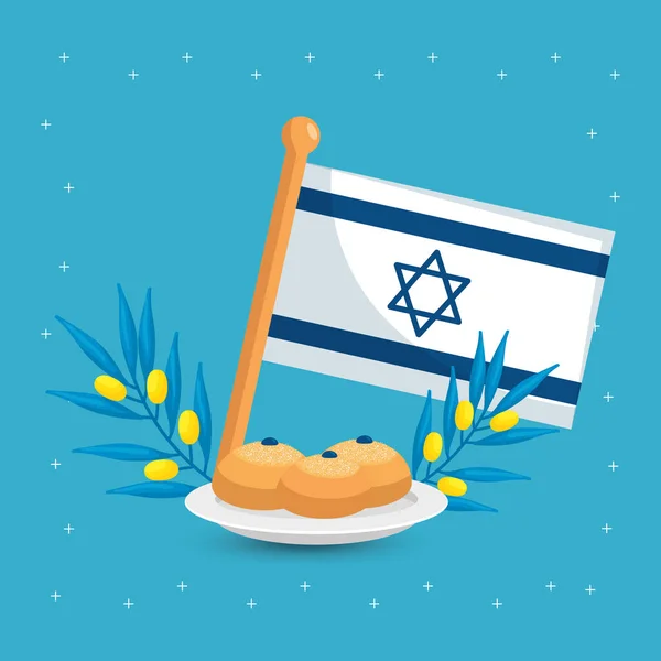 Izrael flagi z gałązkami oliwnymi i okrągłymi pieczywami — Wektor stockowy