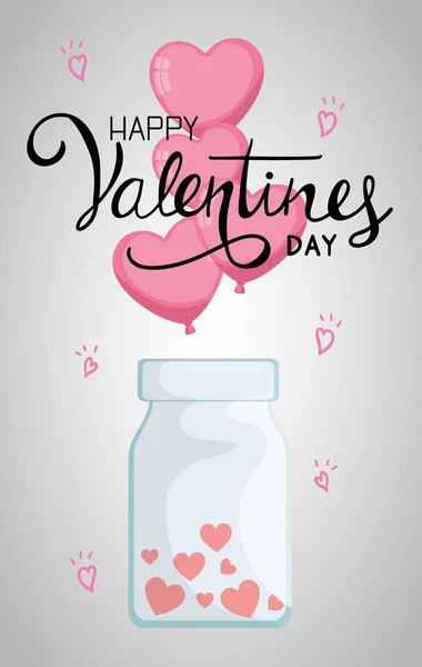 Happy valentines day with bottle and balloons helium in shape heart — Stock Vector