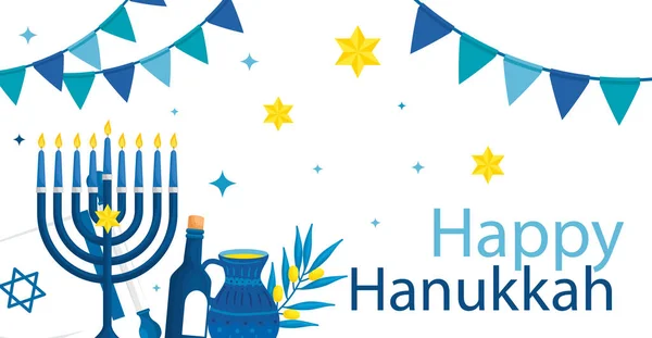 Heureux hanukkah avec lustre et icônes — Image vectorielle