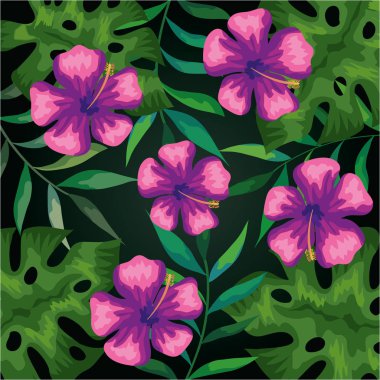 Çiçeklerin arka planı pembe ve tropikal yapraklar