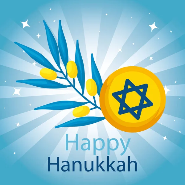 Happy hanukkah with star david and olive branch — Stock Vector