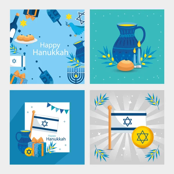 Ensemble affiche de hanukkah heureux avec décoration — Image vectorielle