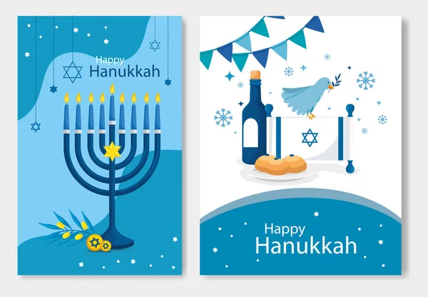 Conjunto de póster de feliz hanukkah con decoración — Vector de stock