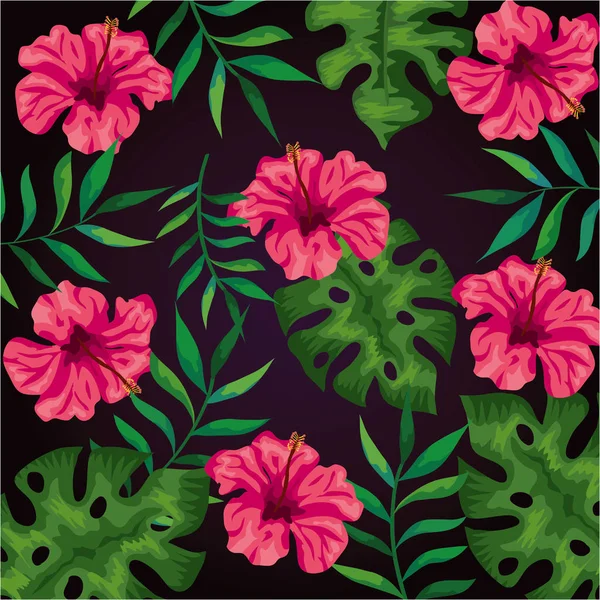 Fondo de flores de color rosa y hojas tropicales — Archivo Imágenes Vectoriales