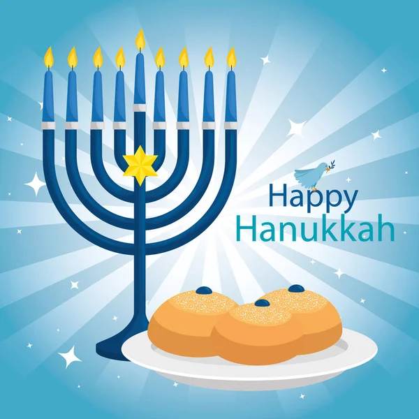 Heureux hanukkah avec lustre et icônes — Image vectorielle