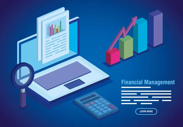 Gestione finanziaria con laptop e infografica — Vettoriale Stock