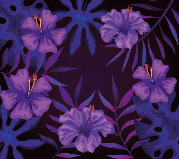 background of flowers purple and tropical leafs