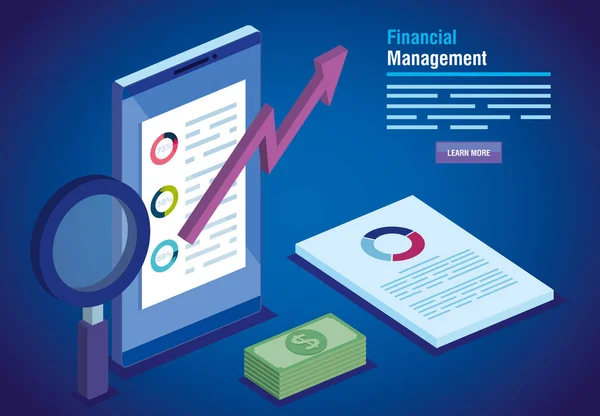 Financieel beheer met smartphone en infographics — Stockvector