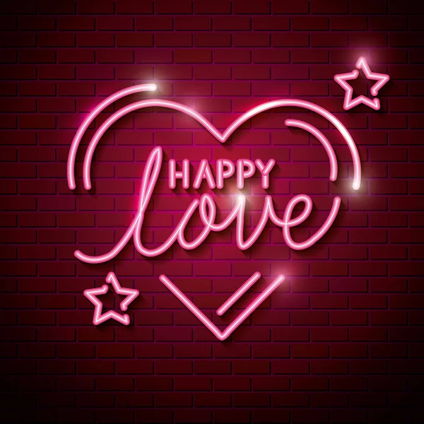 Happy love with heart and stars of neon lights — Stock Vector