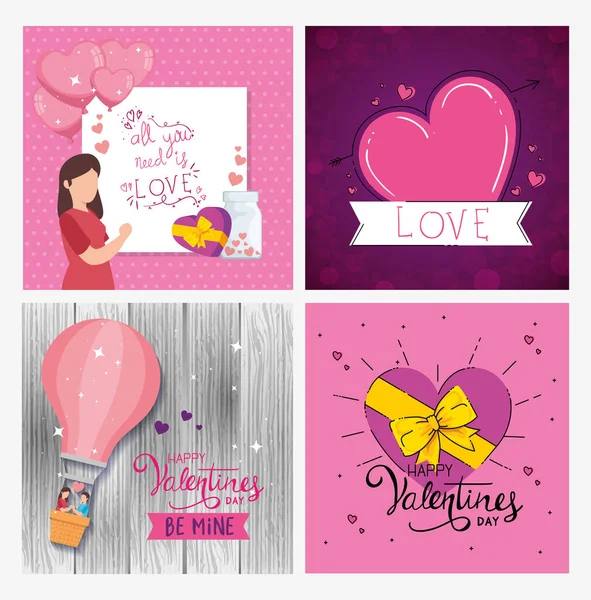 Set di poster felice giorno di San Valentino con decorazione — Vettoriale Stock