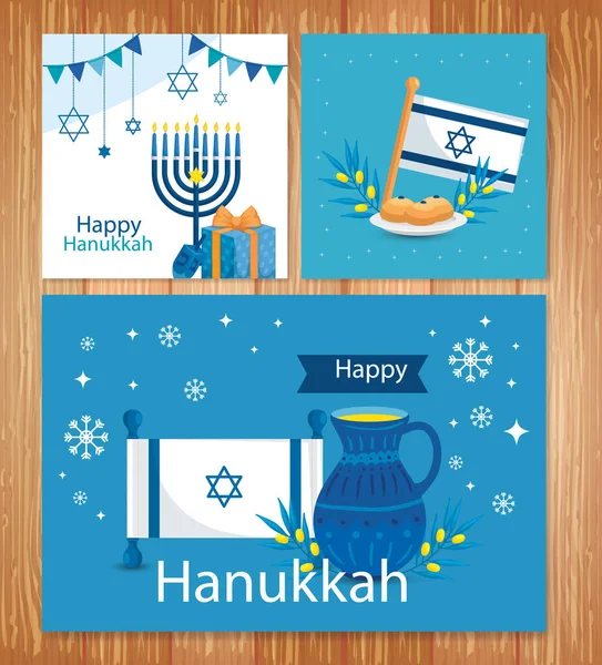 Ensemble affiche de hanukkah heureux avec décoration — Image vectorielle