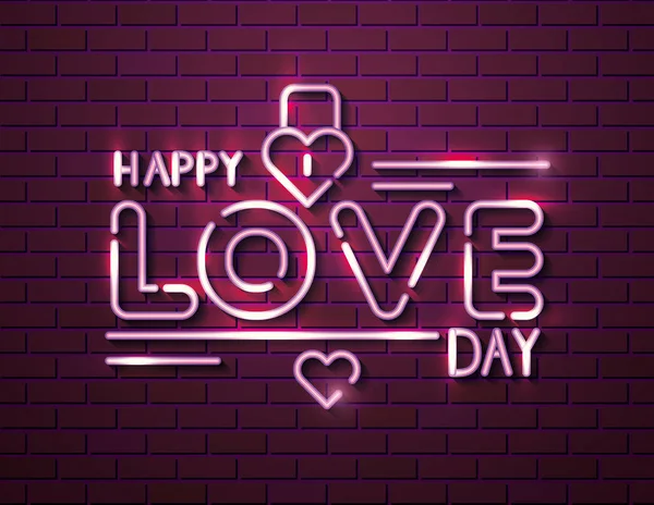 Jour d'amour heureux avec cadenas de néons — Image vectorielle