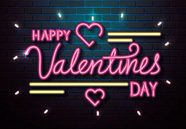 Fröhlicher Valentinstag mit Herzen aus Neonlicht — Stockvektor
