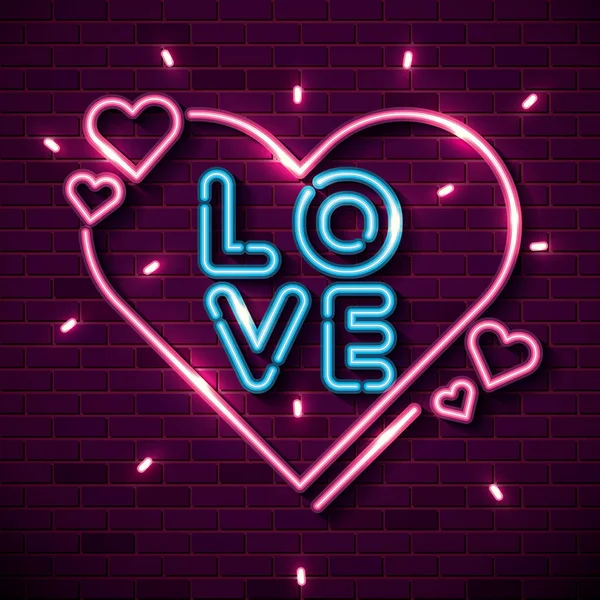 Schriftzug der Liebe mit Herzen aus Neonlicht — Stockvektor