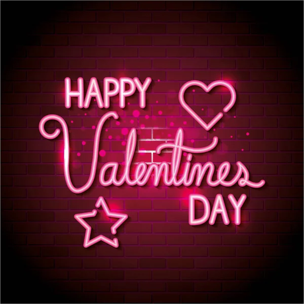 Feliz día de San Valentín con corazón y estrella de luces de neón — Vector de stock