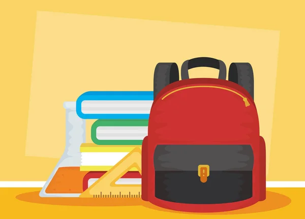 Back to school card with schoolbag and pile books — 스톡 벡터