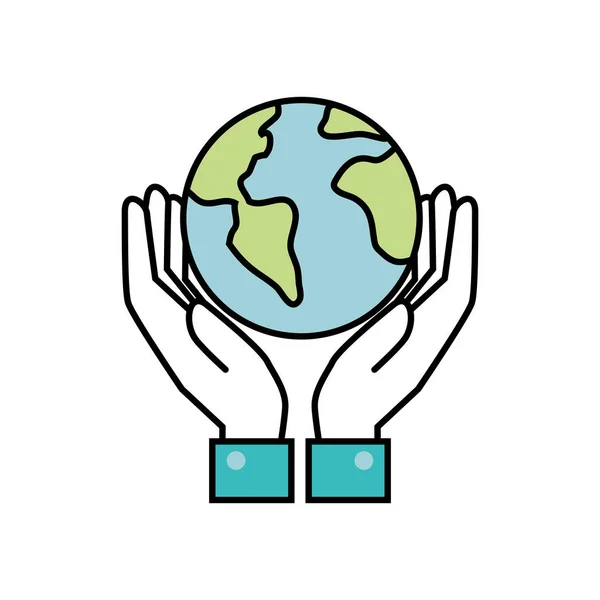 Hands with planet earth ecology icon — Stok Vektör