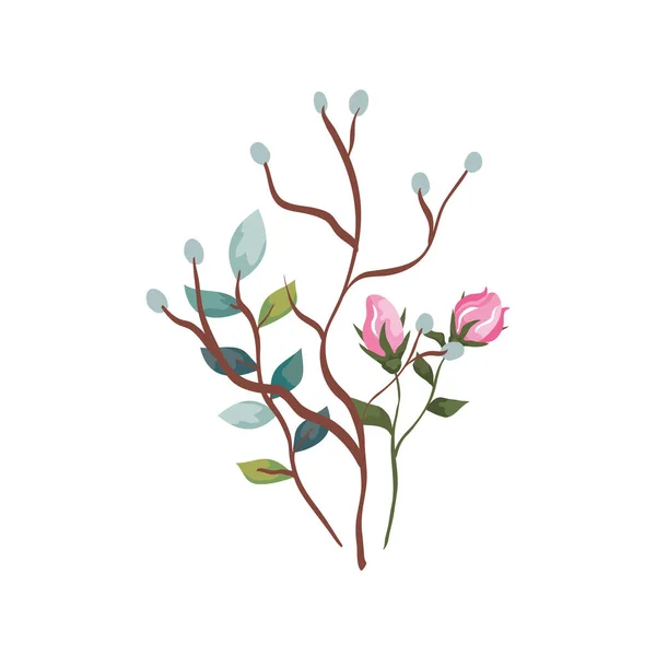 Flores bonitos com ramos e folhas ícone isolado — Vetor de Stock