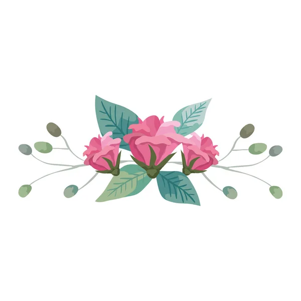 Χαριτωμένα λουλούδια με κλαδιά και φύλλα απομονωμένο εικονίδιο — Διανυσματικό Αρχείο