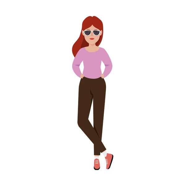 Schöne Frau rote Haare mit Sonnenbrille Avatar-Charakter — Stockvektor