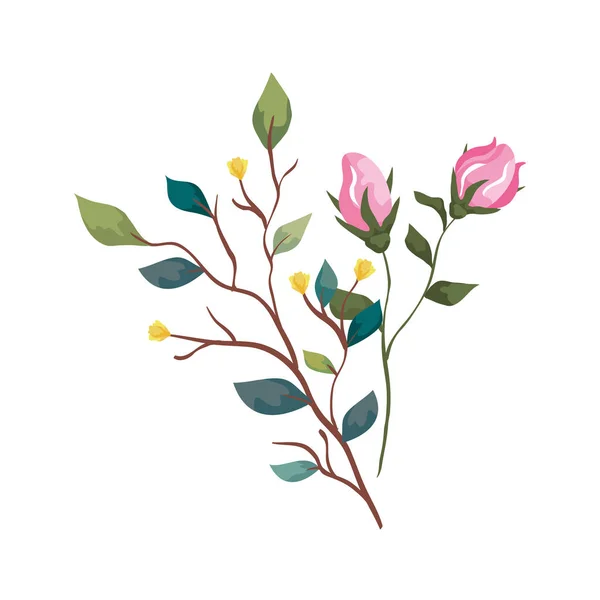 Fleurs mignonnes avec des branches et des feuilles icône isolée — Image vectorielle
