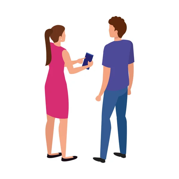 Πίσω νεαρό ζευγάρι με το smartphone απομονωμένο εικονίδιο — Διανυσματικό Αρχείο