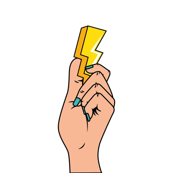 Hand met thunderbolt pop art stijl pictogram — Stockvector