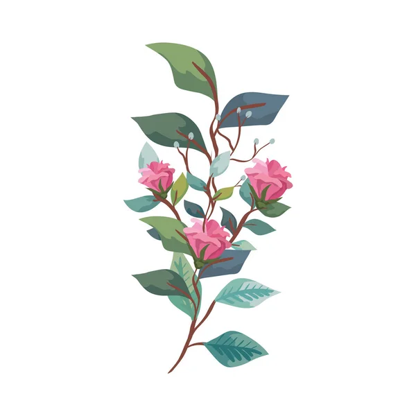 Niedlichen Blumen mit Zweigen und Blättern isoliert Symbol — Stockvektor