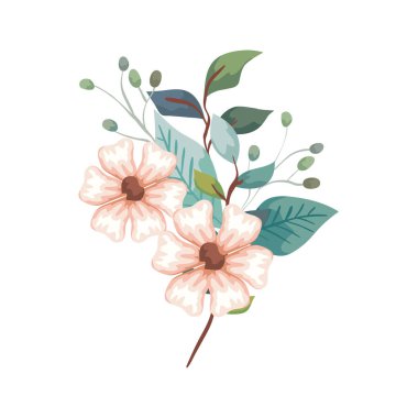 Dalları ve yaprakları olan sevimli çiçekler izole edilmiş ikon