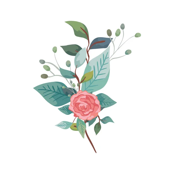 Милая роза с ветками и листочками изолированный значок — стоковый вектор